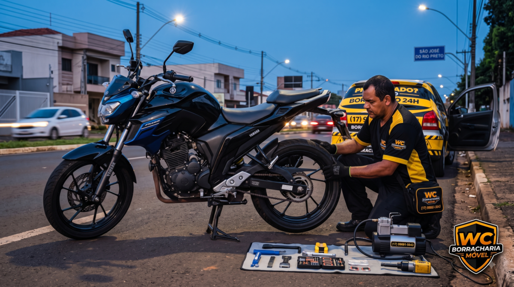 Técnico da WC Borracharia Móvel realizando o conserto do pneu dianteiro de uma moto em rua de São José do Rio Preto durante ao anoitecer, com carro de apoio ao fundo.