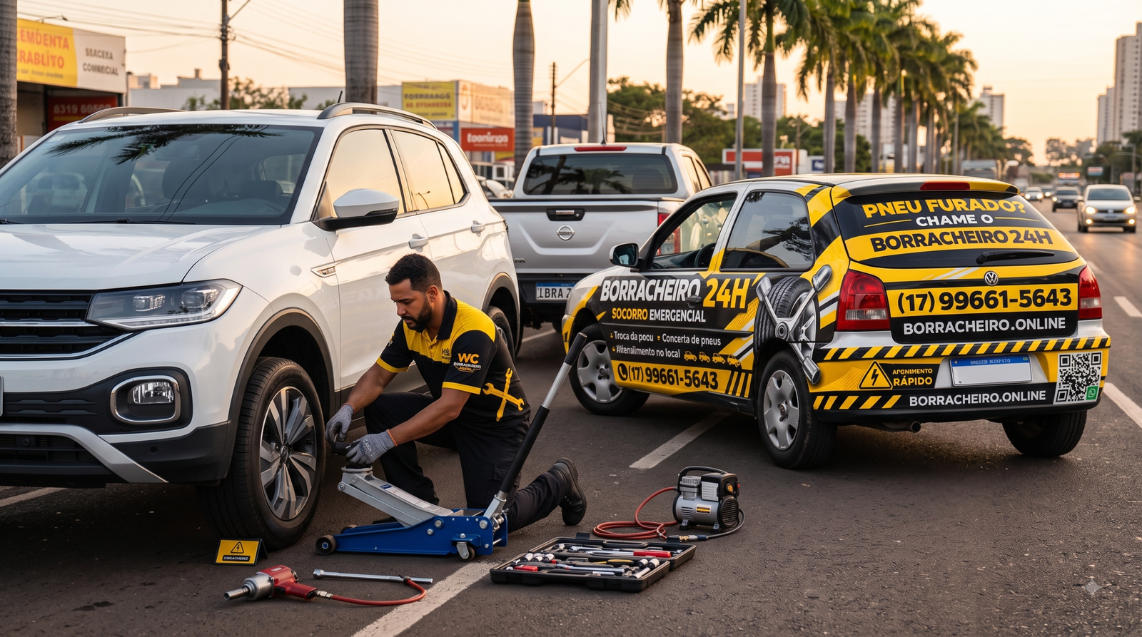 Borracharia Móvel 24h (WC) prestando socorro para carro com pneu furado em avenida de São José do Rio Preto. O técnico realiza a troca do pneu em um SUV branco no local